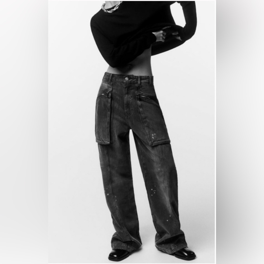 NWT Zara MID-RISE LOOSE FIT ZW COLLECTION THE RELAXED CARGO JEANS in grey size 0